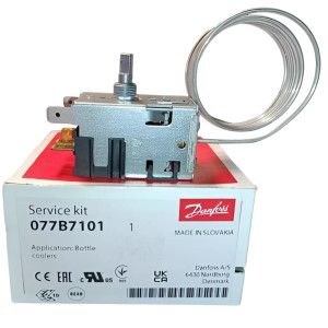 Danfoss 077B7101 Thermostat Bottle Coolers 077B1704L Cold Cut-in +41.0F Cold cut-out +34.7 Warm Cut-in +54.5F Warm Cut-out 49.1F Capillary tube length 47.2in  B0 