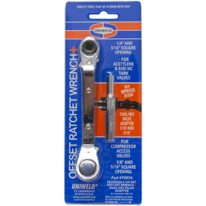 Uniweld 70074 Llave Ratchet, 3/16 y 1/4 pulg apertura cuadrada, 3/8 y 5/16 pulg apertura Cuadrada, con Adaptador Dual para Valvula exagonal de 3/16 y 5/16