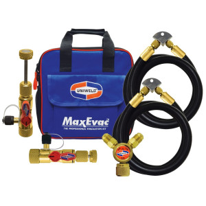 Uniweld Maxevac Pro Kit MEPK14
72 IN. (182cm) 1/2 MaxEvac Hose 3/8 Str. x 1/4 Str. Black
Valve Core Tool Assy. (Side Port)
MaxEvac Hose Bracket Assembly
Y Adapter 3/8 FF x 3/8 MF
MaxEvac Durable Storage Bag
