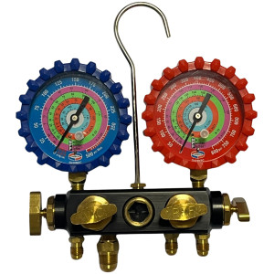 Uniweld Q4N85SMEZ Manifold Aluminum 4 Valves R410a,R134a,R22, 5 ft Soft Magic hoses, EZ-Turn Anti-Blow Back 48701