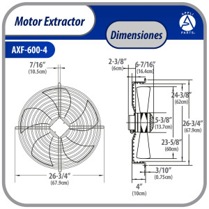 Appli Parts AXF-600-4 23-5/8 in Axial Fan Motor Guard Mounted Fan Blade 220-440 V, 3 Ph, 50-60 Hz, 830 W, 1550 rpm, Work Temp -22 F to 140 F