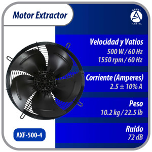 Appli Parts AXF-500-4 Extractor Axial 500 mm (19-3/4 pulg) 220-440 V, 3 ph, 60 Hz, 500 W, 1550 rpm, Rango Temperatura -30 C a 60 C, incluye aspa y base tipo jaula