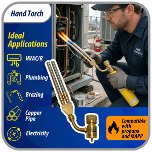 Appli Parts APHT-1D2 Double Burner Hand Torch for Soldering Brazing with Map or Propane Fuel Swivel Tip for uses in plumbing refrigeration air conditioning and more