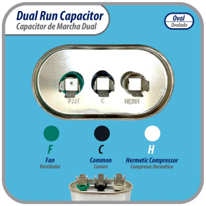 Appli Parts Dual Run Capacitor for ac 60+5 Mfd uF (microfarads) 370VAC CBB65 Oval Universal fit for hvac and other applications 3-1/2in Wide 1-3/4in Depth 4-1/2in High CON-60/5-370