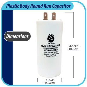Appli Parts Run Capacitor for electric motors 45 Mfd uF (microfarads) 250VAC Plastic Case with terminals CBB60 Round Universal fit water pumps and others 4-1/4 in High 1-3/4 in Wide CON-45-250-P 