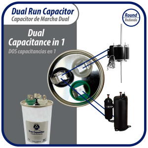 Appli Parts Dual Run Capacitor for ac 40+10 Mfd uF (microfarads) 370VAC CBB65 Round Universal fit for hvac and other applications 2 in Wide 5-1/8 in Height CON-40/10-370-R 