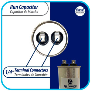 Appli Parts Run Capacitor for ac 60 Mfd uF (microfarads) 370 VAC or 450 VAC CBB65 Round Universal fit for hvac and other applications 5-7/16 in High 2 in Wide CON-60-450