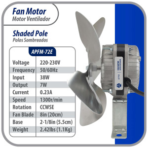 Appli Parts APFM-72E 7W refrigeration condenser and evaporator motor 220V 60Hz 0.23A 1300rpm includes base and 8in aluminum Fan Blade CCW shaft end Universal fit