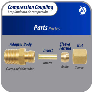 Appli Parts APWF-100BC 1/4 in Brass Compression Fitting reduction coupling for in line water filter with Male 3/8 in NPT connection for Copper or PVC tubing