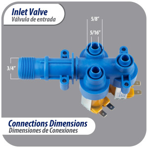 Appli Parts APIV-1311 Valvula para lavadora 1 Entrada 3/4 in NPT por 3 Salidas 5/16 in 110V-120 V, 50/60 Hz, remplazo para modelos Mabe, Olimpia, 189D3116P017, 189D3116P016, 189D3116P005, WW01F00794