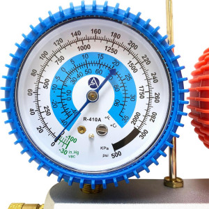 Appli Parts APMG-A1A36S Manometro R410, Escala Dual Presion Kpa/psi, Dual Temperatura Fahrenheit/Centigrado, Cuerpo Aluminio con Mirilla, incluye Mangueras 90cm 5/16 SAE Rojo y Azul, 1/4 SAE Amarillo