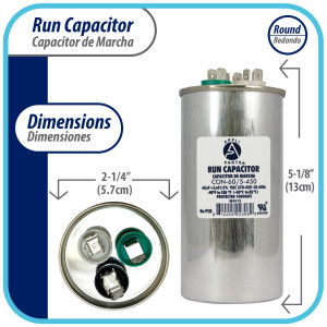 Appli Parts Condensador Capacitor de Marcha 60+5 Mfd uF (microfaradios) 370VAC o 450VAC CBB65 Universal Aire acondicionado y aplicaciones Redondo UL E476928 13cm Alto 5.7cm Ancho CON-60/5-450