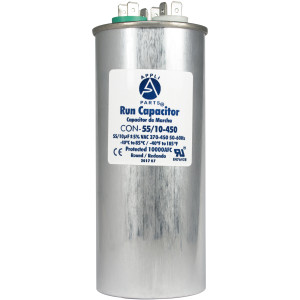 Appli Parts Dual Run Capacitor for ac 55+10 Mfd uF (microfarads) 370VAC or 450VAC CBB65 Round Universal fit for hvac and other applications 5-5/8 in High 2-1/8 in Wide CON-55/10-450