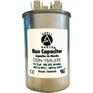 Appli Parts Dual Run Capacitor for ac 15+5 Mfd uF (microfarads) 370VAC CBB65 Round Universal fit for hvac and other applications 2 in Wide 3-1/2 in Height CON-15/5-370-R
 Appli Parts Dual Run Capacitor for ac 15+5 Mfd uF (microfarads) 370VAC CBB65 Round Universal fit for hvac and other applications 2 in Wide 3-1/2 in Height CON-15/5-370-R