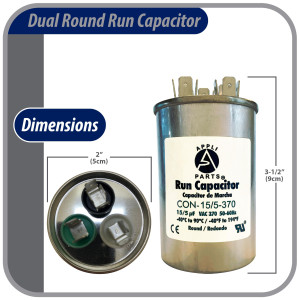 Appli Parts Dual Run Capacitor for ac 15+5 Mfd uF (microfarads) 370VAC CBB65 Round Universal fit for hvac and other applications 2 in Wide 3-1/2 in Height CON-15/5-370-R
 Appli Parts Dual Run Capacitor for ac 15+5 Mfd uF (microfarads) 370VAC CBB65 Round Universal fit for hvac and other applications 2 in Wide 3-1/2 in Height CON-15/5-370-R