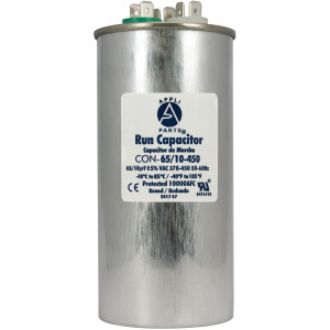 Appli Parts Dual Run Capacitor for ac 65+10 Mfd uF (microfarads) 370VAC or 450VAC CBB65 Round Universal fit for hvac and other applications 5-1/4 in High 2-1/4 in Wide CON-65/10-450