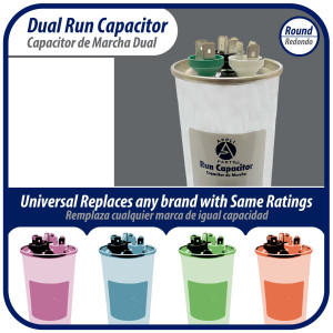 Appli Parts Dual Run Capacitor for ac 65+10 Mfd uF (microfarads) 370VAC or 450VAC CBB65 Round Universal fit for hvac and other applications 5-1/4 in High 2-1/4 in Wide CON-65/10-450