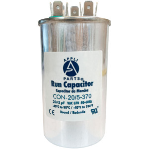 Appli Parts Dual Run Capacitor for ac 20+5 Mfd uF (microfarads) 370VAC CBB65 Round Universal fit for hvac and other applications 2 in Wide 3-3/4 in Height CON-15/5-370-R
 Appli Parts Dual Run Capacitor for ac 20+5 Mfd uF (microfarads) 370VAC CBB65 Round Universal fit for hvac and other applications 2 in Wide 3-3/4 in Height CON-15/5-370-R