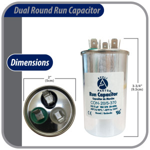 Appli Parts Dual Run Capacitor for ac 20+5 Mfd uF (microfarads) 370VAC CBB65 Round Universal fit for hvac and other applications 2 in Wide 3-3/4 in Height CON-15/5-370-R
 Appli Parts Dual Run Capacitor for ac 20+5 Mfd uF (microfarads) 370VAC CBB65 Round Universal fit for hvac and other applications 2 in Wide 3-3/4 in Height CON-15/5-370-R