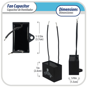 Appli Parts Fan Capacitor 2 mfd (microfarads) uf 250 VAC with 2 Wire Terminal Connections compatible with any brand with same capacitance 1-1/2in Width 5/8in Depth 1in Height CAP-2-250-2C