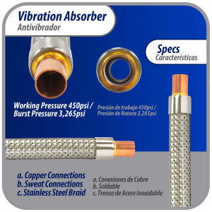Appli Parts APVE-34 Antivibrador 3/4 pulg Soldable Eliminador de Vibracion 25cm Largo 450psi presion maxima de trabajo y 3.265psi presion de rotura