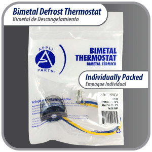 Appli Parts APBT-L55CA Bimetal Thermostat 2 Wire, Open 55 F and Close 40 F, With Clip, blue and yellow colored wires, Reference BIM-318 / Thermodisc