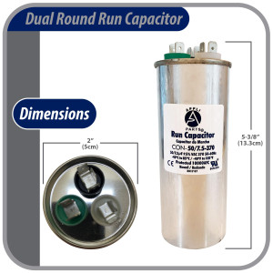 Appli Parts Dual Run Capacitor for ac 50+7.5 Mfd uF (microfarads) 370VAC CBB65 Round Universal fit for hvac and other applications 2 in Wide 5-3/8 in Height CON-50/7.5-370-R 
