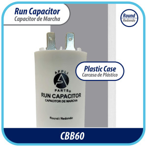 Appli Parts Condensador Capacitor de Marcha 15 Mfd uF (microfaradios) 250VAC CBB60 Cuerpo plastico para bombas de agua y otras aplicaciones Redondo UL E476928 7.5cm Alto 3.5cm Ancho CON-15-250-P