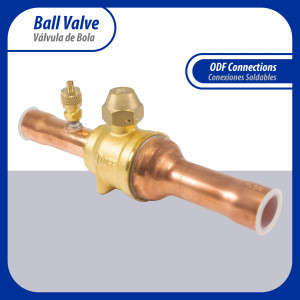 Appli Parts APBV-034 Valvula de Cierre 3/4 in tipo Bola de conexion soldable con puerto de servicio SAE de 1/4 in, presion maxima de trabajo 610 psi temperaturas de -30 C a 120 C longitud total 180mm
