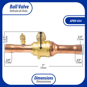 Appli Parts APBV-034 3/4 in Shut Off Ball Valve ODF Universal Replacement 610 psi (4.2 Mpa) max pressure -22 F to 248 F work temperature with 1/4 in SAE service port, with 7 in overall length