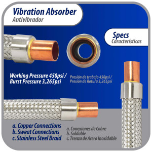Appli Parts APVE-58 5/8 in Vibration Absorber Eliminator Sweat Connections 9-3/4 in Long 450 psi Max working and 3,265 psi Burst pressure
