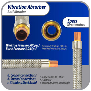 Appli Parts APVE-12 1/2 in Vibration Absorber Eliminator Sweat Connections 9 in Long 500 psi Max working and 3,265 psi Burst pressure