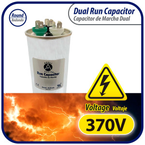 Appli Parts Dual Run Capacitor for ac 35+7.5 Mfd uF (microfarads) 370VAC CBB65 Round Universal fit for hvac and other applications 2 in Wide 4-3/4 in Height CON-35/7.5-370-R  