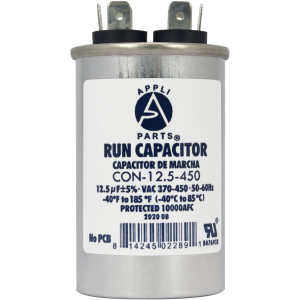 Appli Parts Run Capacitor for ac 12.5 Mfd uF (microfarads) 370 VAC or 450 VAC CBB65 Round Universal fit for hvac and other applications 3 in High 1-1/2 in Wide CON-12.5-450 