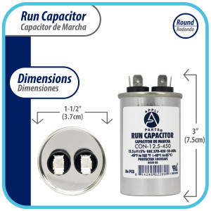 Appli Parts Run Capacitor for ac 12.5 Mfd uF (microfarads) 370 VAC or 450 VAC CBB65 Round Universal fit for hvac and other applications 3 in High 1-1/2 in Wide CON-12.5-450 
