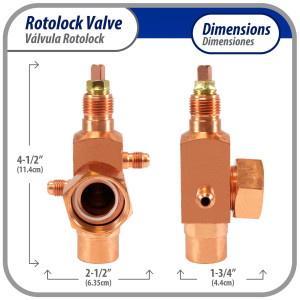 Appli Parts APRV-VA05 Valvula Rotolock V05 1-1/4 pulg x 7/8 pulg Soldable con puertos de acceso de 1/4 pulg Universal para sistemas de refrigeracion y aire acondicionado