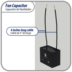Appli Parts Fan Capacitor 3.5 mfd (microfarads) uf 250 VAC with 2 Wire Terminal Connections compatible with any brand with same capacitance 1-7/8in Width 1/2in Depth 1-1/8in Height CAP-3.5-250-2C