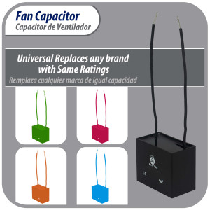 Appli Parts Fan Capacitor 6 mfd (microfarads) uf 250 VAC with 2 Wire Terminal Connections compatible with any brand with same capacitance 1-7/8in Width 3/4in Depth 1-3/8in Height CAP-6-250-2C