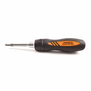Uniweld 6N1RSD Destornillador Multiple 6 en 1 con Ratchet, 1/4 - 5/16 dado, 1/4  Nr 1 Plano Estria, 3/16 Nr 2 Plano Estria