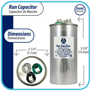 Appli Parts Dual Run Capacitor for ac 60+7.5 Mfd uF (microfarads) 370VAC or 450VAC CBB65 Round Universal fit for hvac and other applications 5-1/4 in High 2-1/4 in Wide CON-60/7.5-450