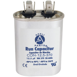 Appli Parts Run Capacitor for ac 12.5 Mfd uF (microfarads) 370VAC CBB65 Oval Universal fit for hvac and other applications 2-7/8in Wide 1-7/8in Depth 3-1/4in High CON-12.5-370

