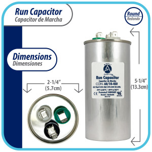 Appli Parts Dual Run Capacitor for ac 60+10 Mfd uF (microfarads) 370VAC or 450VAC CBB65 Round Universal fit for hvac and other applications 5-1/4 in High 2-1/4 in Wide CON-60/10-450