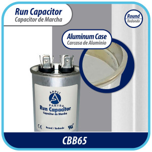 Appli Parts Run Capacitor for ac 25 Mfd uF (microfarads) 370 VAC or 450 VAC CBB65 Round Universal fit for hvac and other applications in High in Wide CON-25-450 