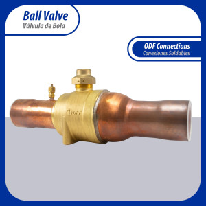 Appli Parts APBV-218 Valvula de Cierre 2-1/8 in tipo Bola de conexion soldable con puerto de servicio SAE de 1/4 in, presion maxima de trabajo 610 psi temperaturas de -30C a 120C longitud total 322mm