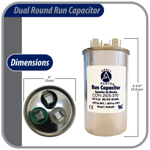 Appli Parts Dual Run Capacitor for ac 25+5 Mfd uF (microfarads) 370VAC CBB65 Round Universal fit for hvac and other applications 2 in Wide 3-3/4 in Height CON-25/5-370-R
 Appli Parts Dual Run Capacitor for ac 25+5 Mfd uF (microfarads) 370VAC CBB65 Round Universal fit for hvac and other applications 2 in Wide 3-3/4 in Height CON-25/5-370-R