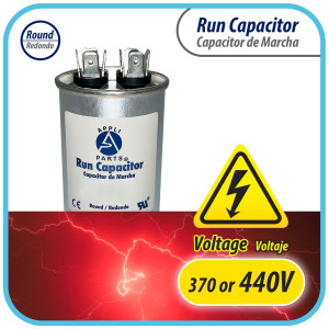 Appli Parts Run Capacitor for ac 65 Mfd uF (microfarads) 370 VAC or 450 VAC CBB65 Round Universal fit for hvac and other applications 4-3/4 in High 2 in Wide CON-65-450