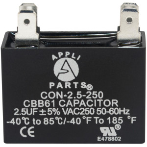 Appli Parts Fan Capacitor 2.5 mfd (microfarads) uf 250 VAC with 2 Terminal Connections compatible with any brand within the same range capacitance 1-1/2in Width 5/8in Depth 1-3/8in Height CAP-2.5-250