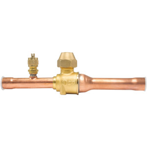 Appli Parts APBV-012 Valvula de Cierre 1/2 in tipo Bola de conexion soldable con puerto de servicio SAE de 1/4 in, presion maxima de trabajo 610 psi temperaturas de -30 C a 120 C longitud total 165mm
