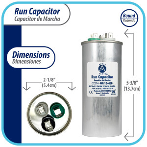 Appli Parts Dual Run Capacitor for ac 40+10 Mfd uF (microfarads) 370VAC or 450VAC CBB65 Round Universal fit for hvac and other applications 5-3/8 in High 2-1/8 in Wide CON-40/10-450 