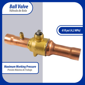 Appli Parts APBV-118 Valvula de Cierre 1-1/8 in tipo Bola de conexion soldable con puerto de servicio SAE de 1/4 in, presion maxima de trabajo 610 psi temperaturas de -30C a 120C longitud total 215mm